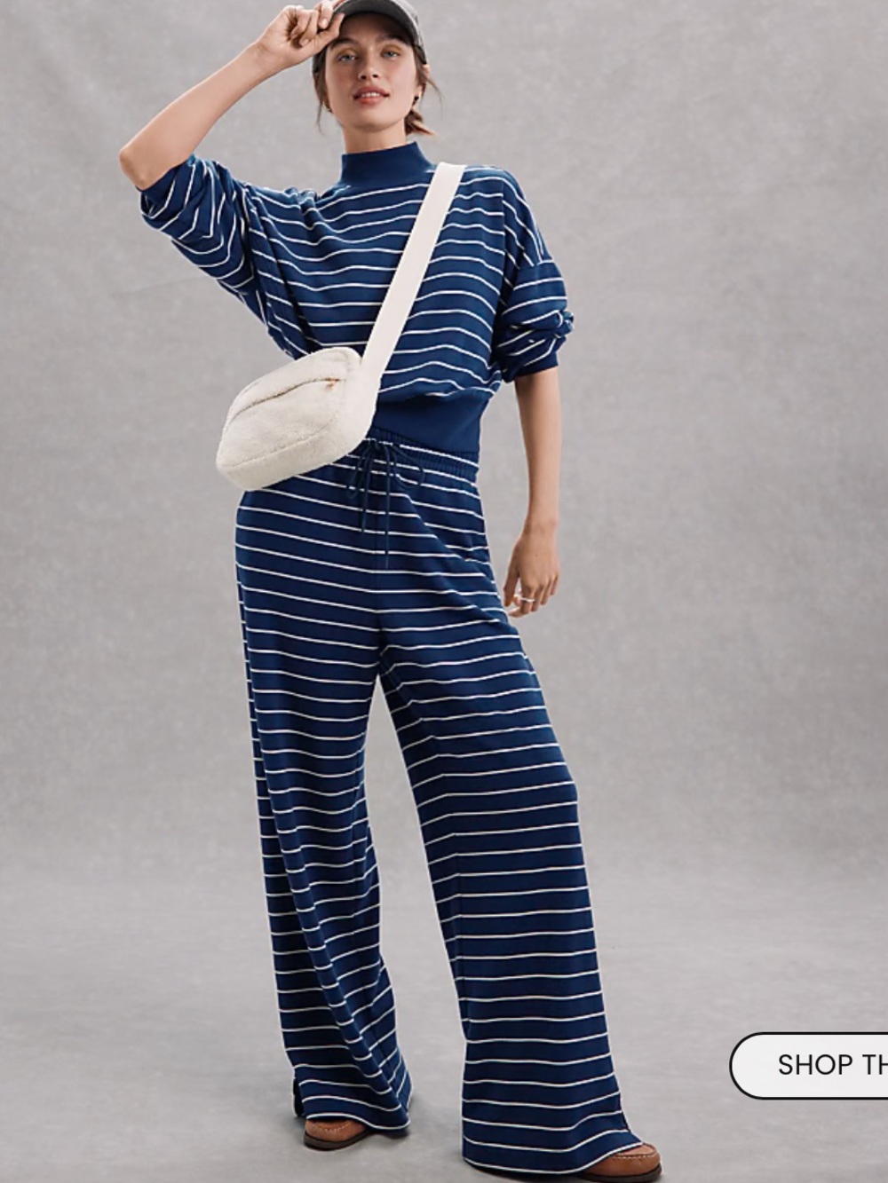 Lou & Grey cozy cotton knit Navy & White Striped Wide Leg Pants Sz M - Picture 5 of 10